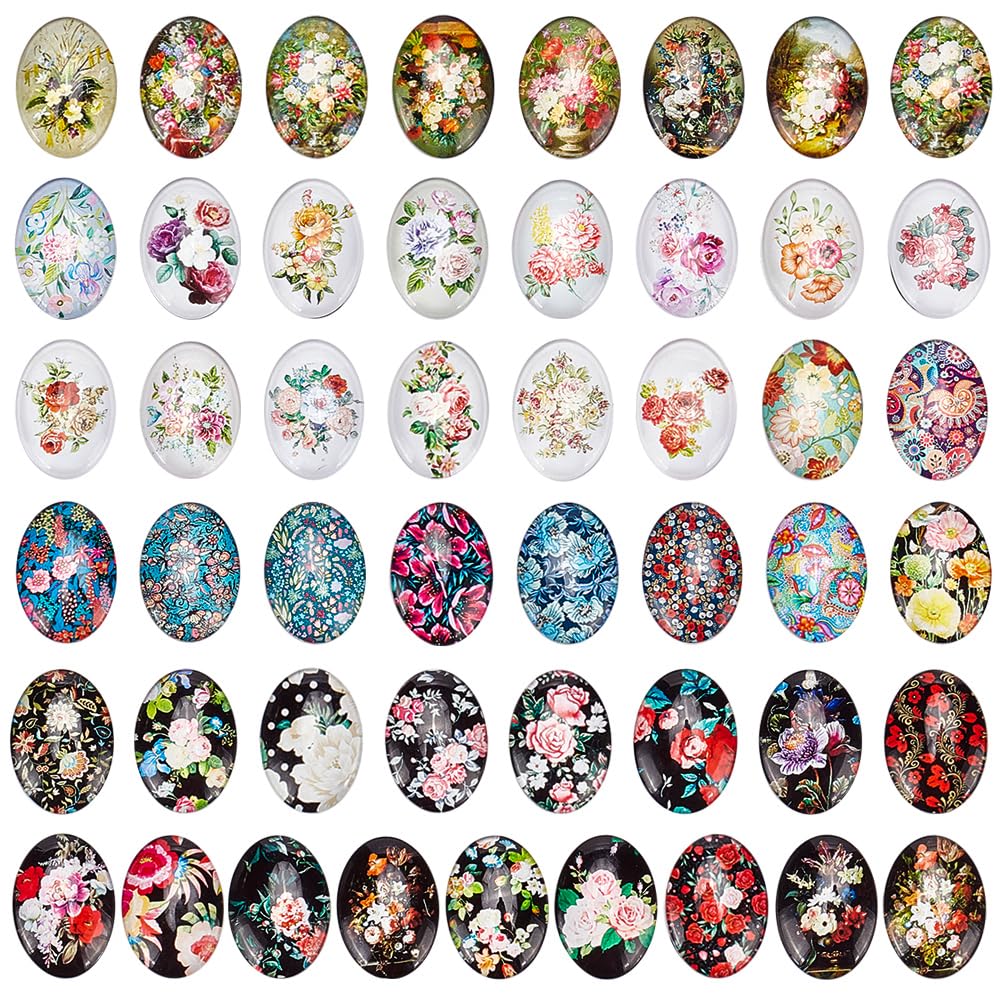 PH PandaHall 50pcs Oval Glass Cabochons, 25x18mm Flower Printed Glass Cabochons Vintage Mixed Color Mosaic Tile for Craft Photo Pendant Earring Necklace Keychain Jewellery Making