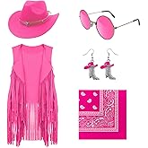 HyperFun Cowgirl Outfits for Women Western Costume Accessories Cowboy Hat Tassels Fringe Vest Earring Hippie Glasses Bandana