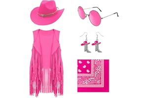 HyperFun Cowgirl Outfits for Women Western Costume Accessories Cowboy Hat Tassels Fringe Vest Earring Hippie Glasses Bandana
