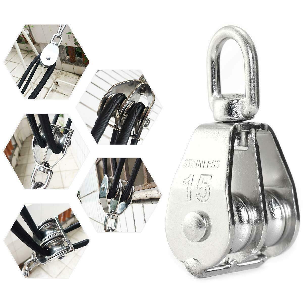 Pulley Block, M15 Double Swivel Pulley Roller, 1Pcs Stainless Steel Pulley Rigging for Lifting Rope Lifter Ship Yacht
