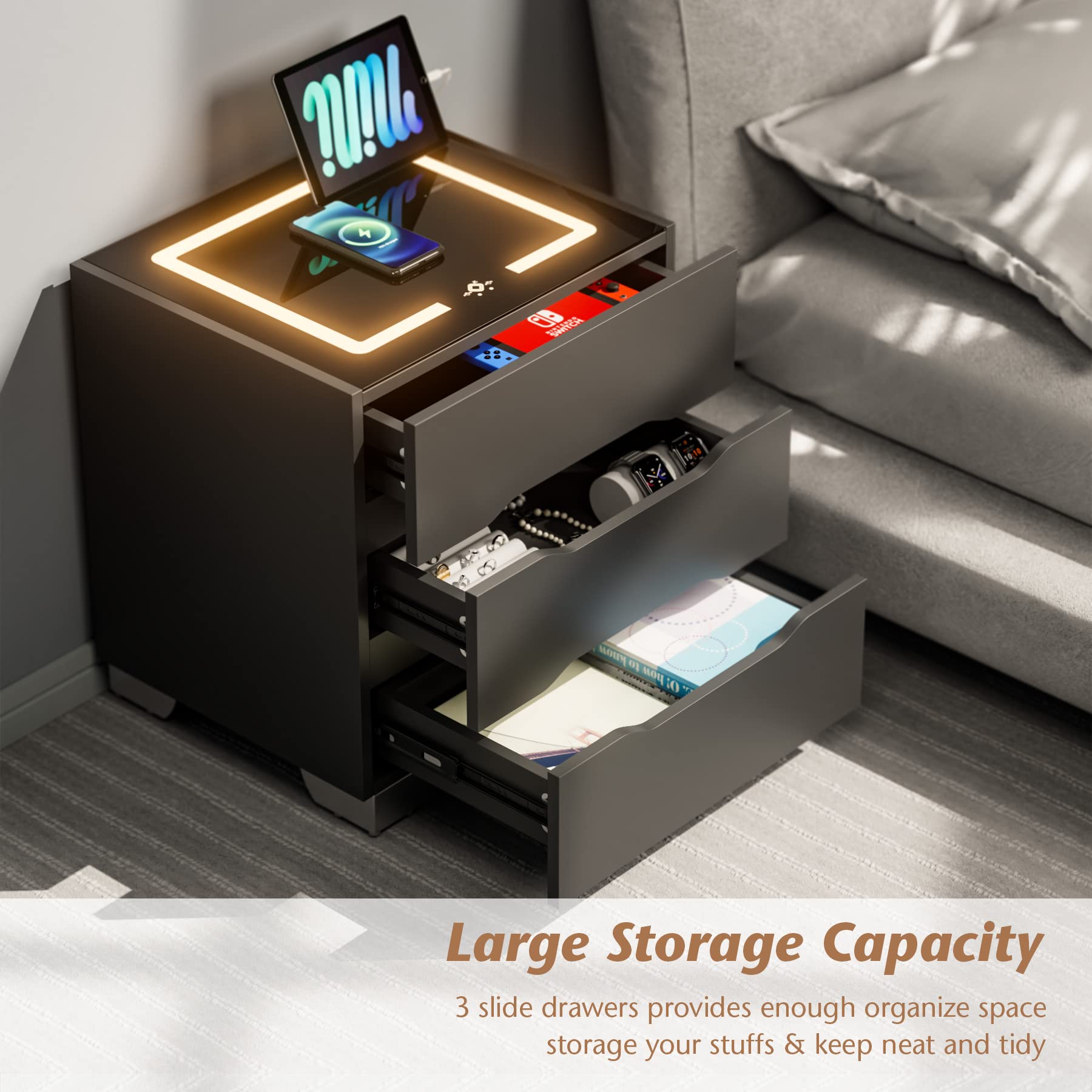 Mini Computer Night Stand Mua Smart Nightstand with Wireless Charging Station and LED Lights ...