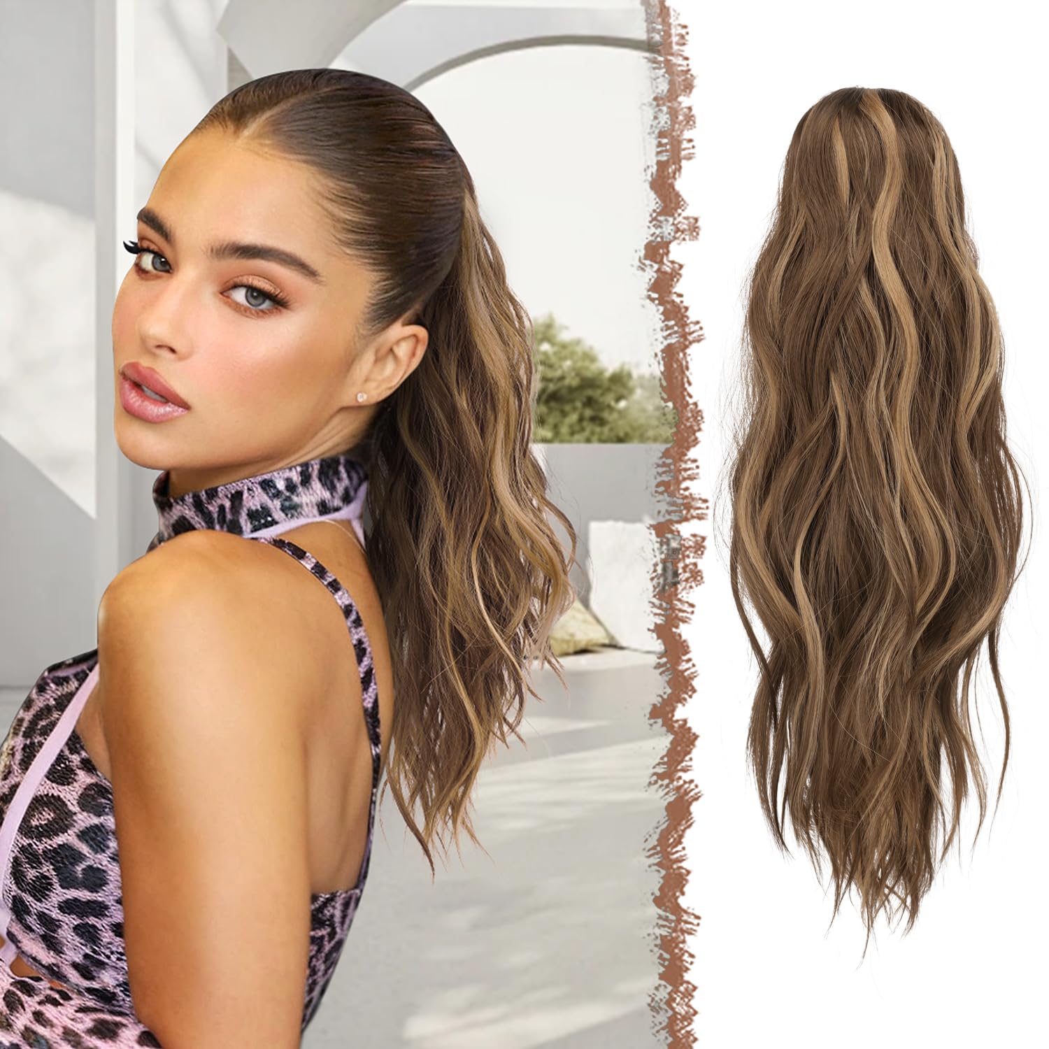 FESHFEN Ponytail Extensions, Long Claw Clip in Ponytail Hairpiece Synthetic Honey Blonde Mixed Light Brown Pony Tails Hair Piece Ponytail with Claw Clip Natural Wavy Hairpieces for Women, 20 inch — image 1