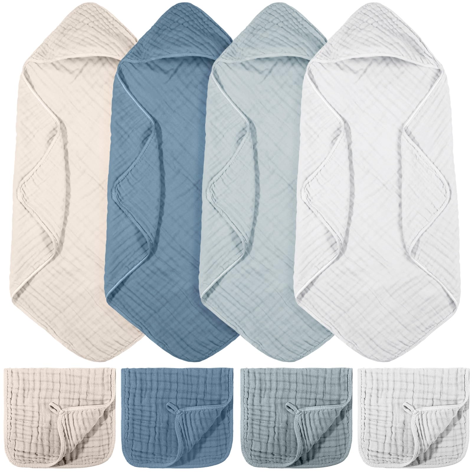 Photo 1 of VitalCozy 8 Pcs Baby Muslin Hooded Bath Towels and Washcloths, 32 x 32 Inch Muslin Cotton Hooded Baby Towels Absorbent Hooded Blankets for Gift Newborn Infant Shower (Blue,White)