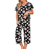 ENJOYNIGHT Womens Pajama Sets Cotton Summer Pjs Tops with Capri Pants Sleepwear