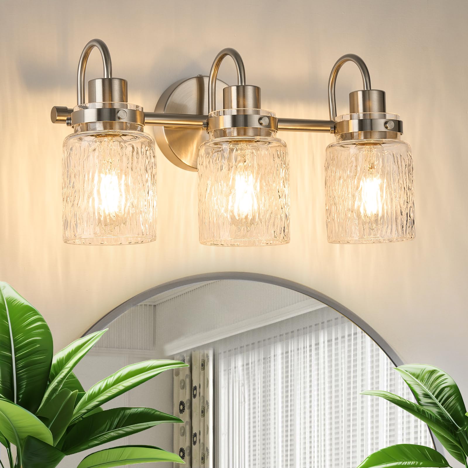 Photo 1 of AMRUIPO 3 Lights Bathroom Vanity Light, Brushed Nickel Bathroom Light Fixtures with Hammered Glass Lampshade for Dressing Table,Over Mirror,Hallway