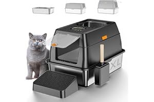 TENTIZON Stainless Steel Cat Litter Box, Extra Large Enclosed Kitty Litter Box with Removable Lid, Scoop, Pedal, XL High Side