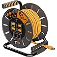 Masterplug 75ft Cord Reel, Retractable Extension Lead with Winding Handle, Safety Overload Circuit Breaker and Power Switch, 4x Grounded Outlets, 2x USB Ports, 15amps, 12AWG Cable