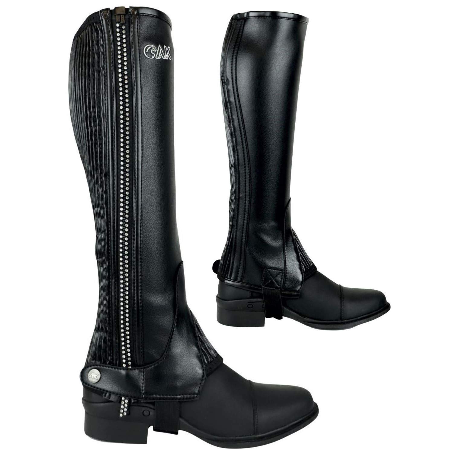 AK New Unisex Equestrian Flexi Crystal Horse Riding Half Chaps with Contour Fitting AKRS-1976 (Black/Silver, XS)