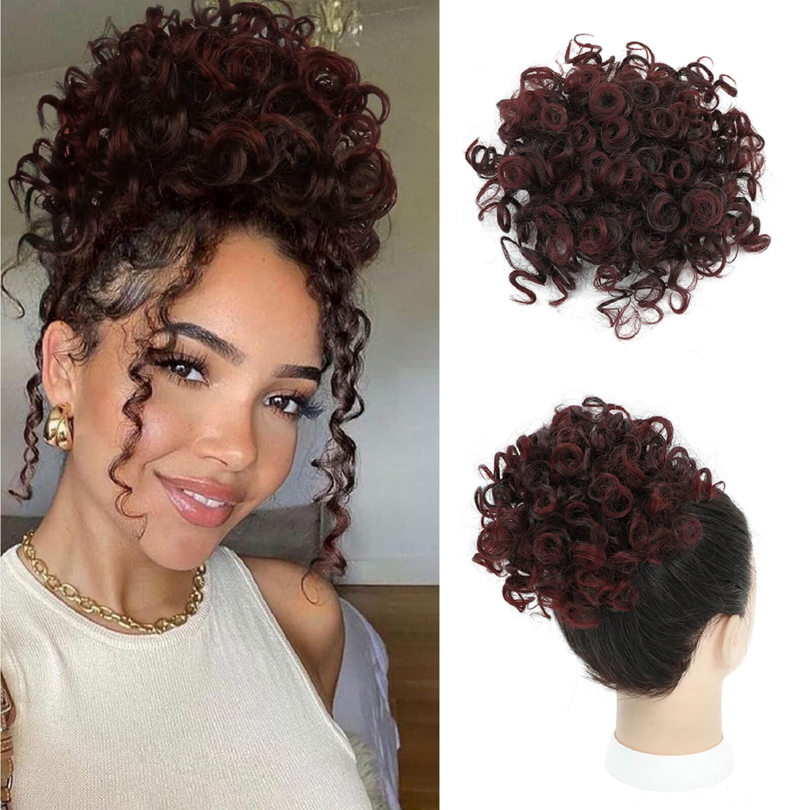 Flyroseing Off Black to Burgundy Messy Bun Hair Piece,Short Curly Elastic Drawstring Curly Bun Hair Piece Clip for Women Synthetic Fake Hairpiece