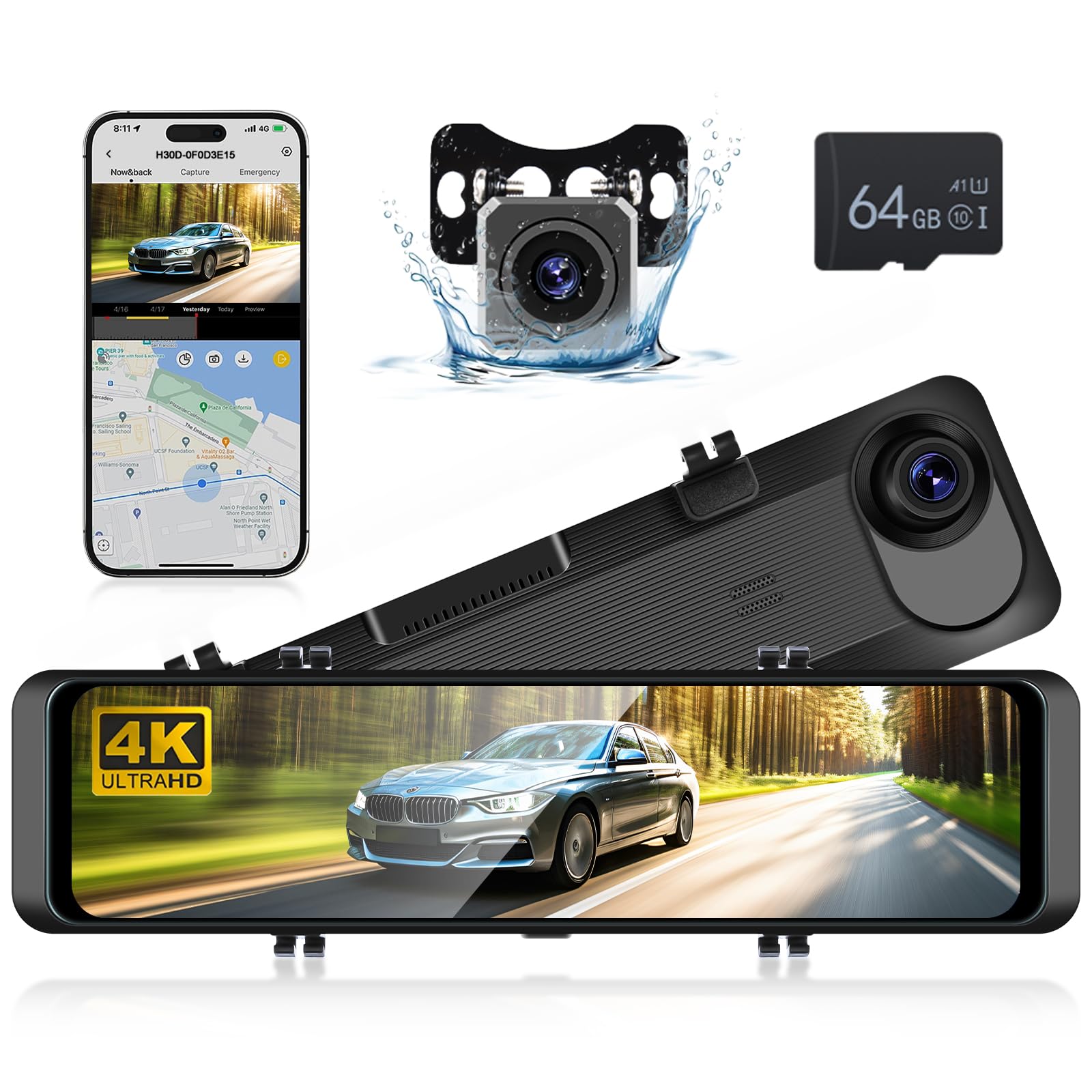 Led Screen For Rear View Camera 4K Mirror Dash Cam Front and Rear, Hodozzy 11.26 Inch IPS Touch Screen ...