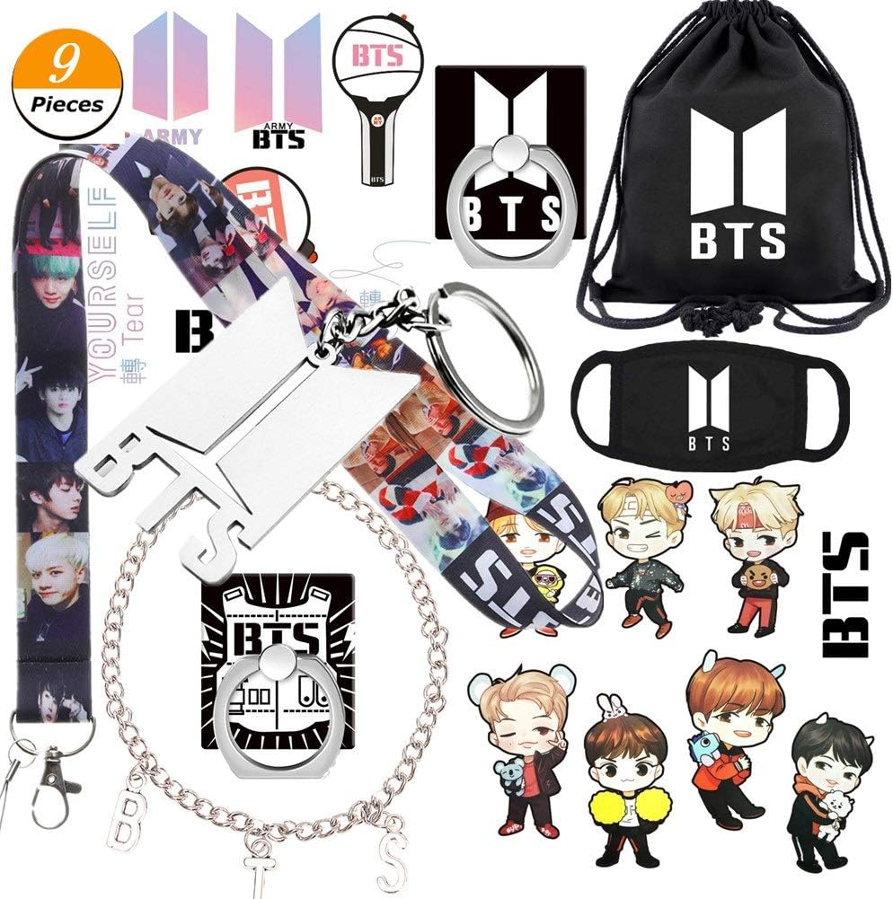 Cianowegy Kpop BTS Merchandise Set｜BTS Backpack/Drawstring Bag+BTS Keychain+BTS Bracelet+BTS Mouth Mask+BTS 3D Sticker+BTS Lanyard+BTS Phone Finger Ring Stand(BTS)