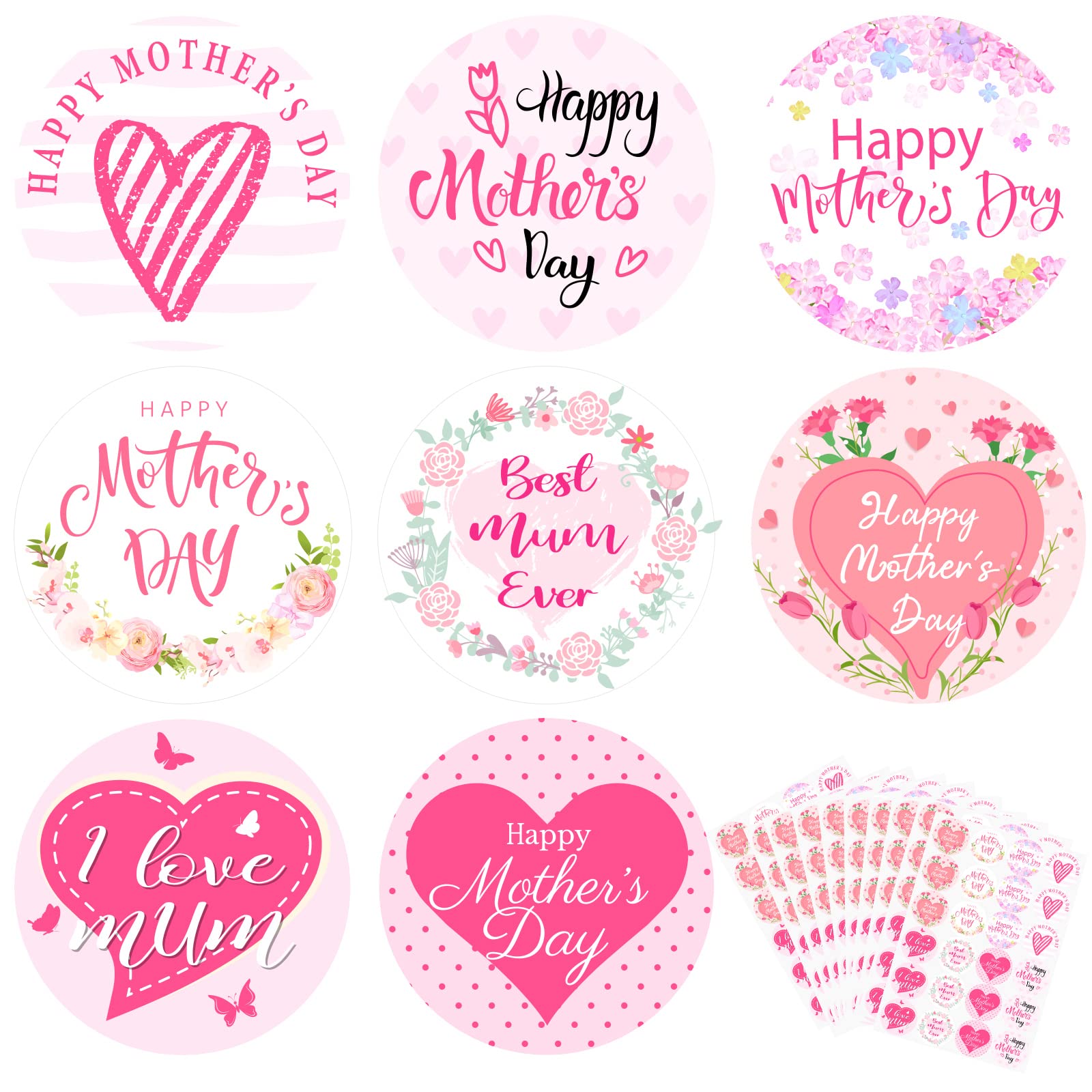 240 Pcs Happy Mother's Day Stickers Labels, 1.4 Inches Floral Mother's Day Heart Sticky Labels Pink White Round Mom Stickers for Crafts Cards Gift Wrap Boxes Envelope Seals Party Favor Decorations