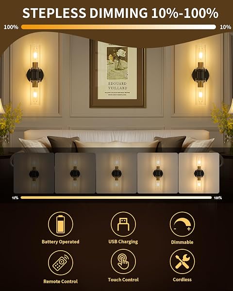 RAYOGALE RECHARGEABLE BATTERY WALL SCONCE 2 – WIRELESS, DIMMABLE, REMOTE, TOUCH CONTROL, 3000K FOR LIVING ROOM, BEDROOM BLACK GOLD 2 PACK (INCLUDE 4 SPECIA BULBS)