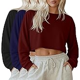 JoyMotion 3 Pack Womens Cropped Sweatshirts Oversized Crewneck Lantern Sleeve Shirt Raw Neckline Loose Lightweight Fall Tops(Black, Navy Blue, Wine Red,Small)