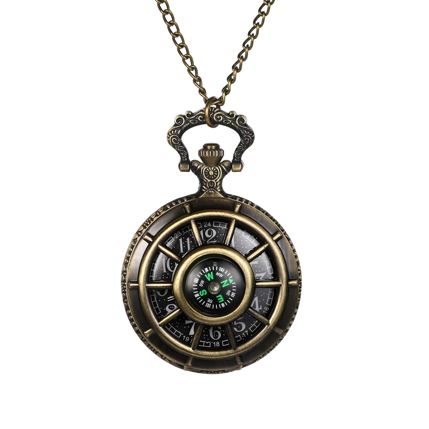 JewelryWe Antique Hollow Pocket Watch Vintage Steampunk Pocket Watches with Compass Decoration Stylish Necklace Chain for Men Women