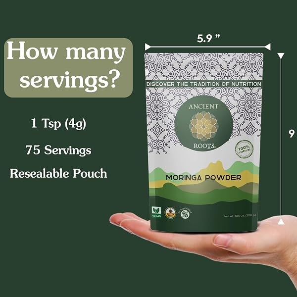 ANCIENT ROOTS MORINGA POWDER 100% PURE & NATURAL, NON-GMO, GLUTEN-FREE FINELY GROUND MORINGA LEAF FOR SMOOTHIES, TEAS, AND RECIPES 10.5 OZ RESEALABLE BAG