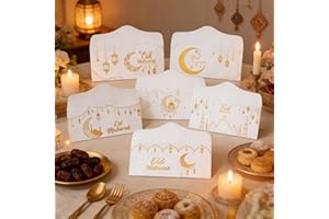 12 Pcs Eid Mubarak Money Envelopes, 7.09 x 3.15 Inch White Gold Lucky Cash Gift Card Holders, Moon Lantern Design Paper Envel
