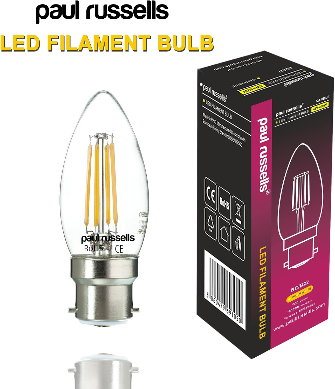 paul russells LED Candle Filament Light, 4.5W 40W Equivalent Replacement, 470LM Lumens, 2700K Warm White - Image 3