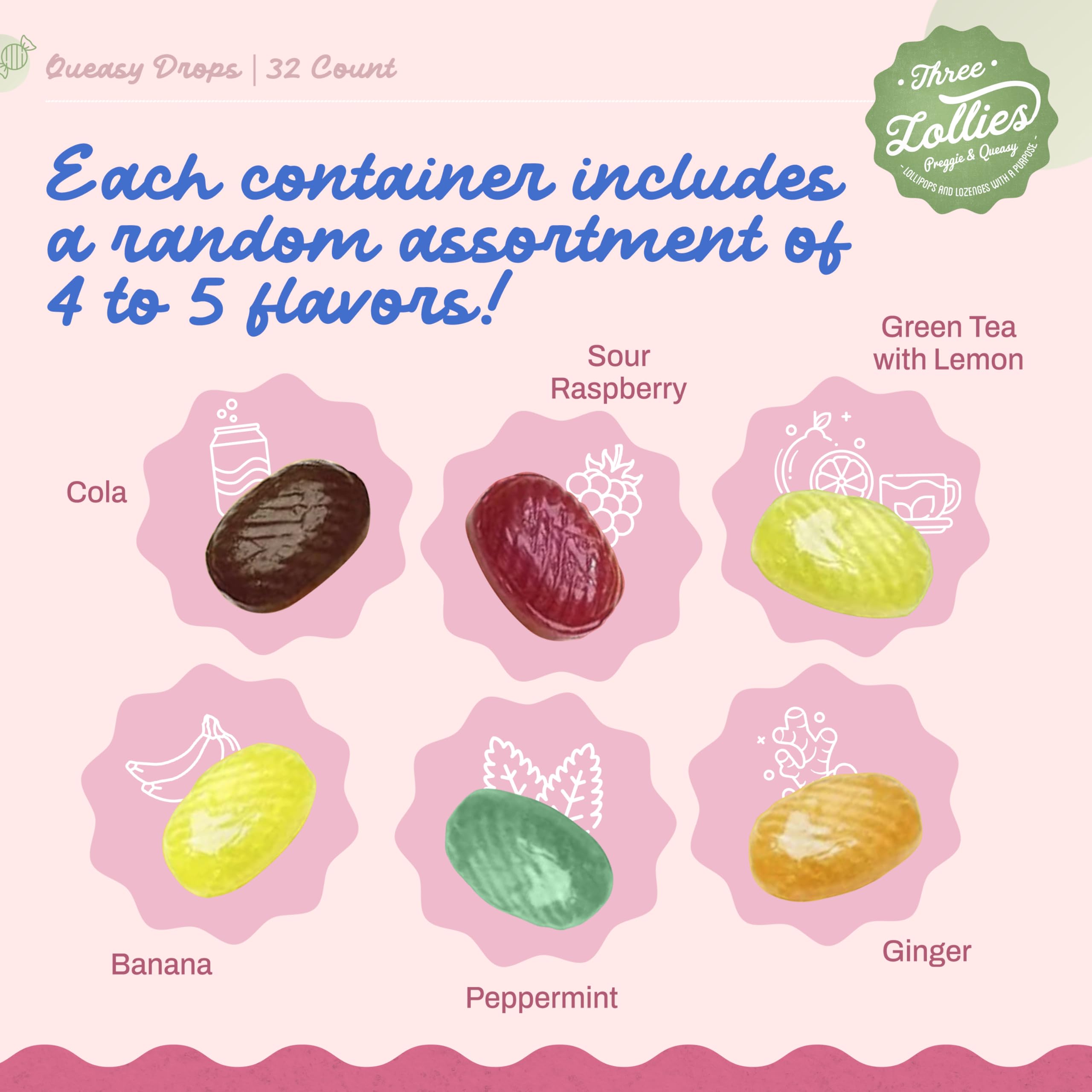 Three Lollies Queasy Drops Sugar Free - Natural Sour Raspberry Flavor - Ease Chemotherapy Nausea & Travel Sickness - Alleviates a Dry Mouth - Natural Ingredients - 21 ct