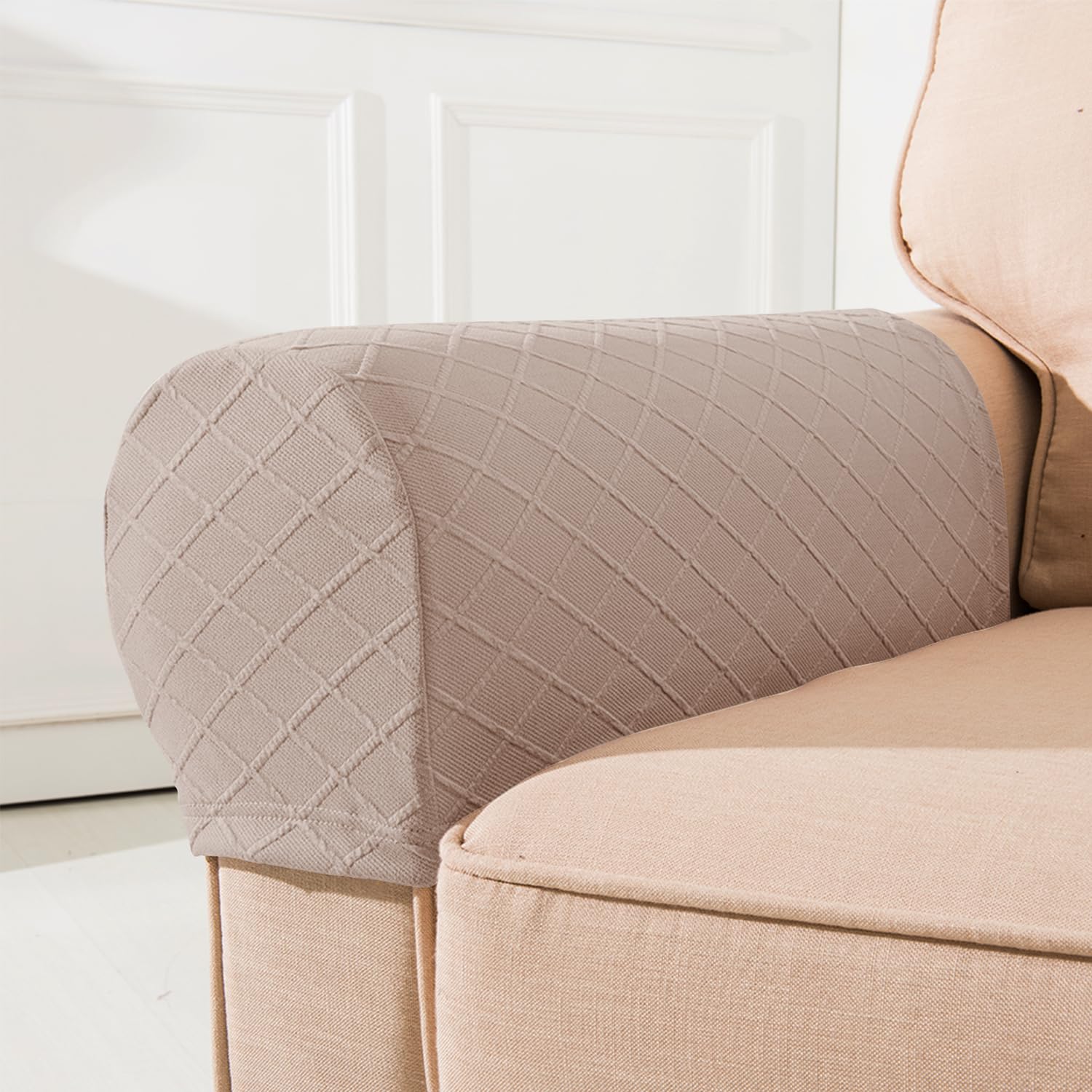NEKOSUKI Arm Rest Covers, Set of 2 Stretch Diamond Pattern Armchair Couch Stretch Armrest Chair Covers for Furniture Protector, Anti-Slip Sofa Chair Arm Caps Spandex Polyester Slipcovers (Camel)