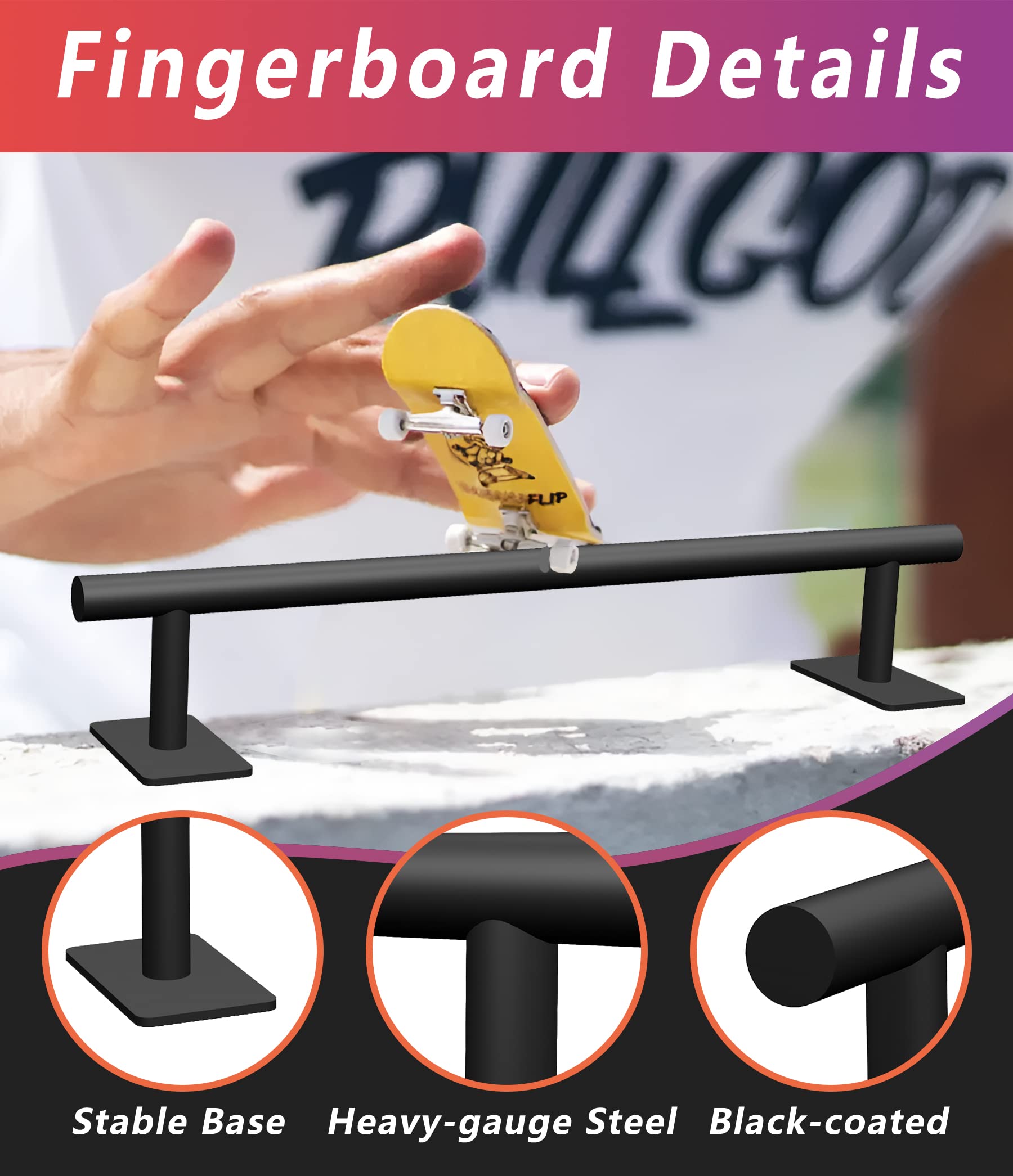Professional Fingerboard Flat Rail Premium Solid Steel Construction Fingerboard Deck Fingerboard Ramp Great Add for Fingerboard Parks Black Powder Coated Finish Non-Slip Foam Feet (round)