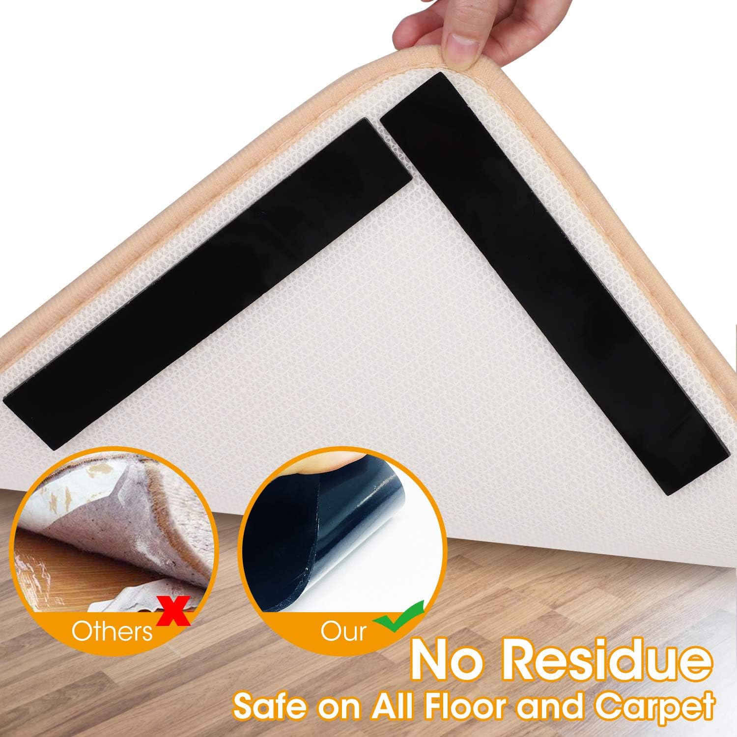 Rug Gripper, 16 Pcs Double Sided Anti Curling Non Slip Reusable Rug Pad, Washable Rug Tape for Hardwood Floors, Tile Floors, Carpets, Floor Mats, Wall (Black): Kitchen & Dining