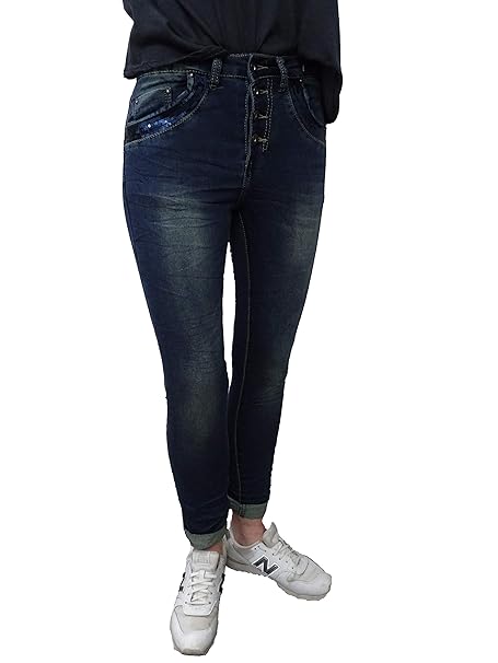 Place du Jour Baggy Boyfriend Damen Stretch Hose Vintage Denim Jeans Knöpfe