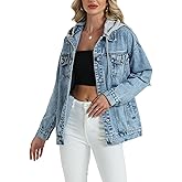 Women's Oversized Denim Jacket Long Distressed Ripped Trucker Jean Jackets Coat With Detachable Hood