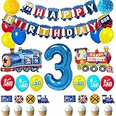 3rd Train Birthday Decorations Boys,3 Years Old Birthday Party Supplies Blue Number 3 Foil Balloons Locomotive Banner,Train Patterned Balloon,Cake Topper