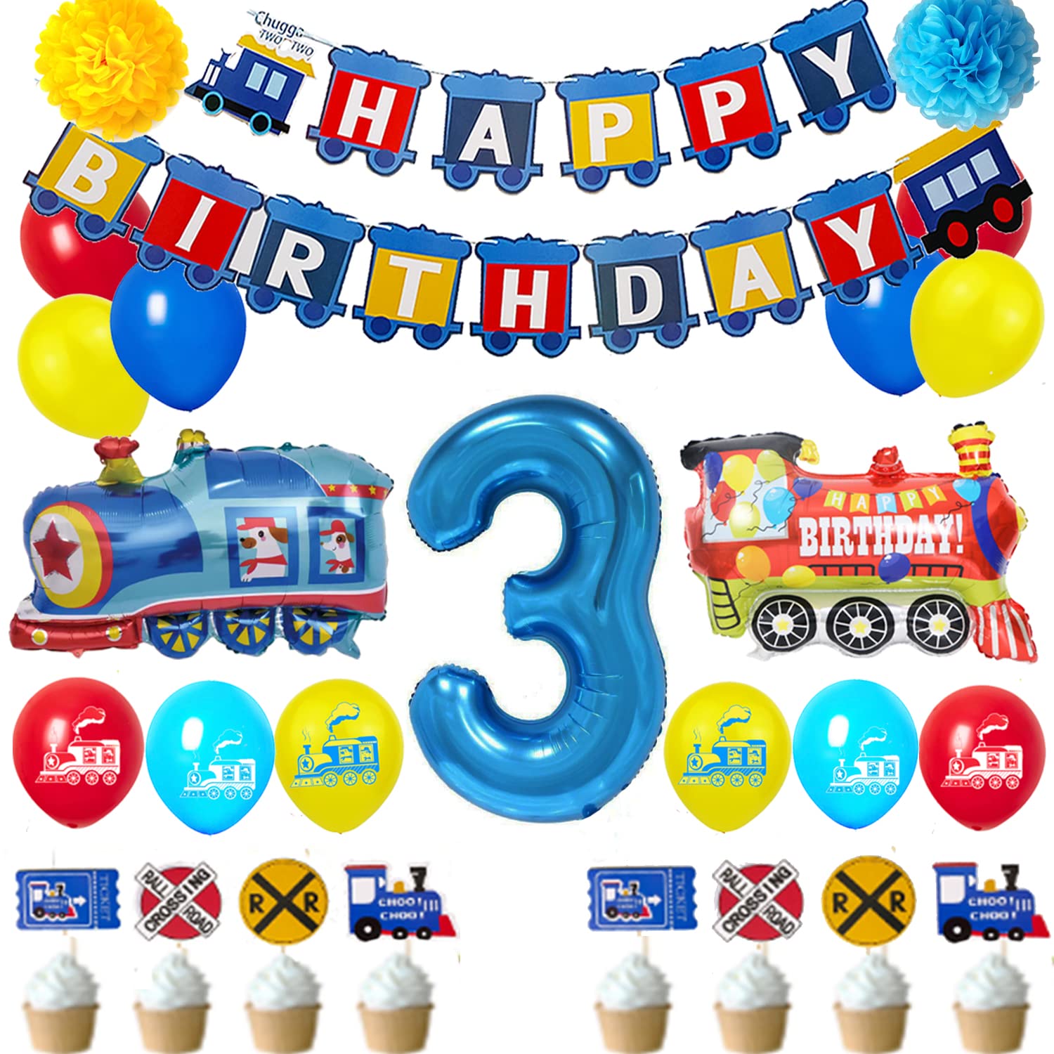 3rd Birthday Boys Train Party Supplies - Foil Balloons, Banner, Latex Balloons, Cake Topper for Kids Train Party Decoration
