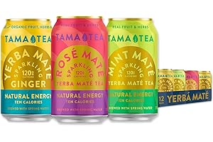 Sparkling Yerba Mate Variety Pack by Tama Tea - Unsweetened Natural Energy Drink with Real Fruit & Herbs - Healthy Caffeine Drink Alternative - 120mg of Caffeine, 10 Calories - 12oz Pack of 12