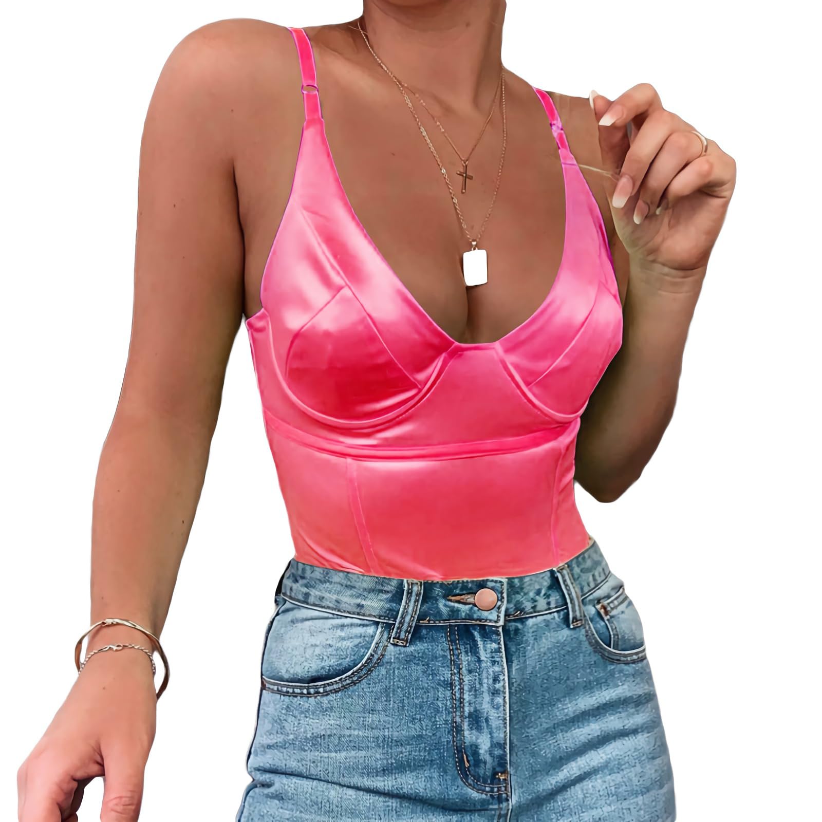 Photo 1 of (LARGE) (BAGGED) Velius Women's Sexy Deep V Neck Shiny Thong Bodysuit Tank Tops with Underwire (Neon Rose,Large)