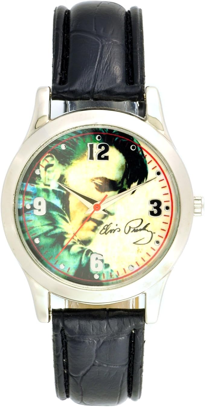 Elvis Presley Men's ELV071A Round SilverTone Black Strap