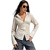 MakeMeChic Women's Y2K Striped Button Down Shirt Bell Sleeve Collared Blouse Tops