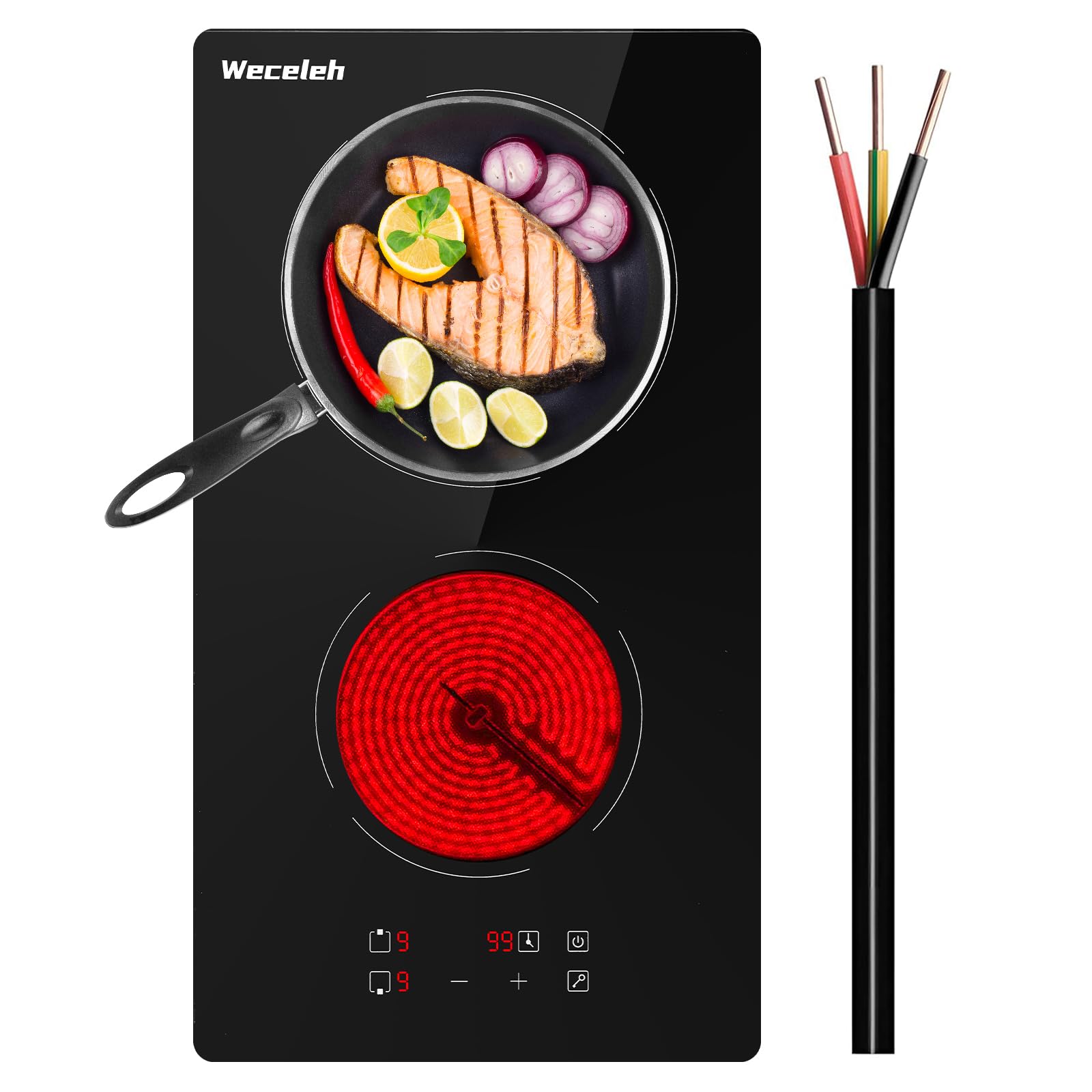 Weceleh 2 Burners Electric Cooktop, 12 inch Built-in 3200W Electric Stove Top, Ceramic Hob with Touch Control, Child Safety Lock, Overheat Protection, Timer, 9 Power Levels, Hard Wire for 220V~240V