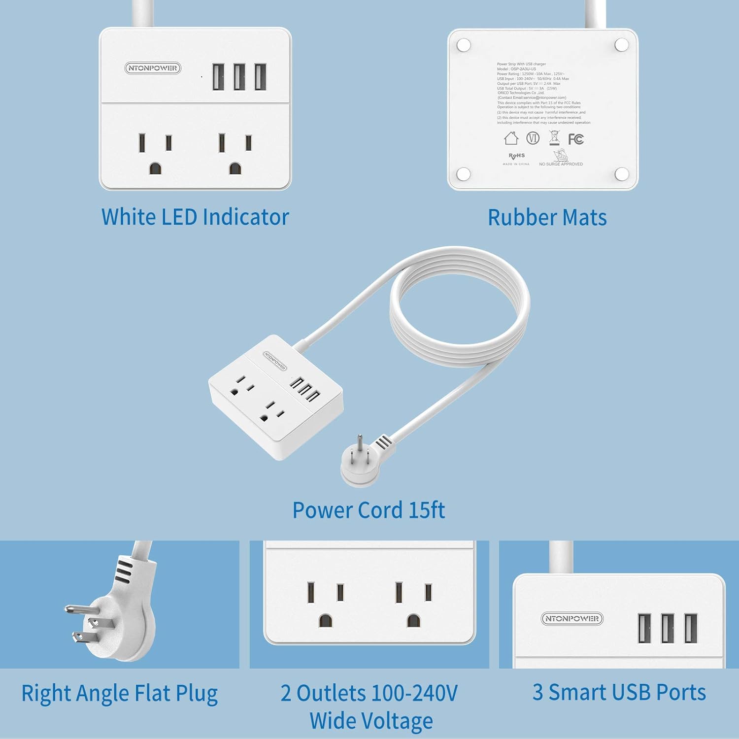 Flat Plug USB Power Strip with 15 ft Extension Cord, NTONPOWER 2 Outlet 3 USB Nightstand Desktop Charging Station, 1250W/10A, Compact for Home Office Bedside Dorm Essentials, White: Electronics