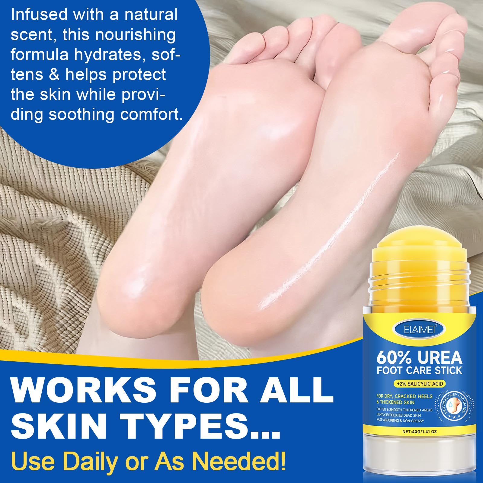 60% Urea Cream Stick plus 2% Salicylic Acid, Maximum Strength Urea Foot Cream Callus Remover for Dry Cracked Heels, Hands, Knees,Exfoliating Moisturizer, Dead Skin Remover Foot Balm 1.4oz (1pcs)