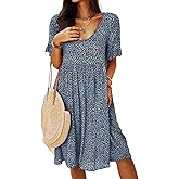 Navy L Summer Dresses for Women 2025 Boho Ditsy Floral A Line Flowy Midi Sundress Short Sleeve Scoop Neck Casual Loose Short Dresses
