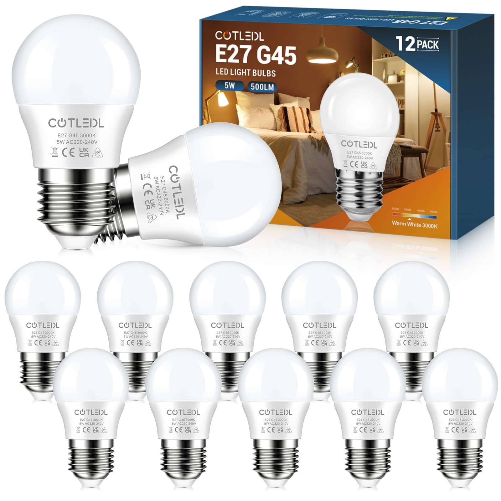 COTLEDL E27 Screw Bulbs, 5W E27 LED Lights Bulbs Equivalent to 40W Incandescent, Warm White 3000K G45 Edison Screw Bulb, 500LM Golf Ball Lamps, Energy Saving Non-Dimmable, 12 Pack