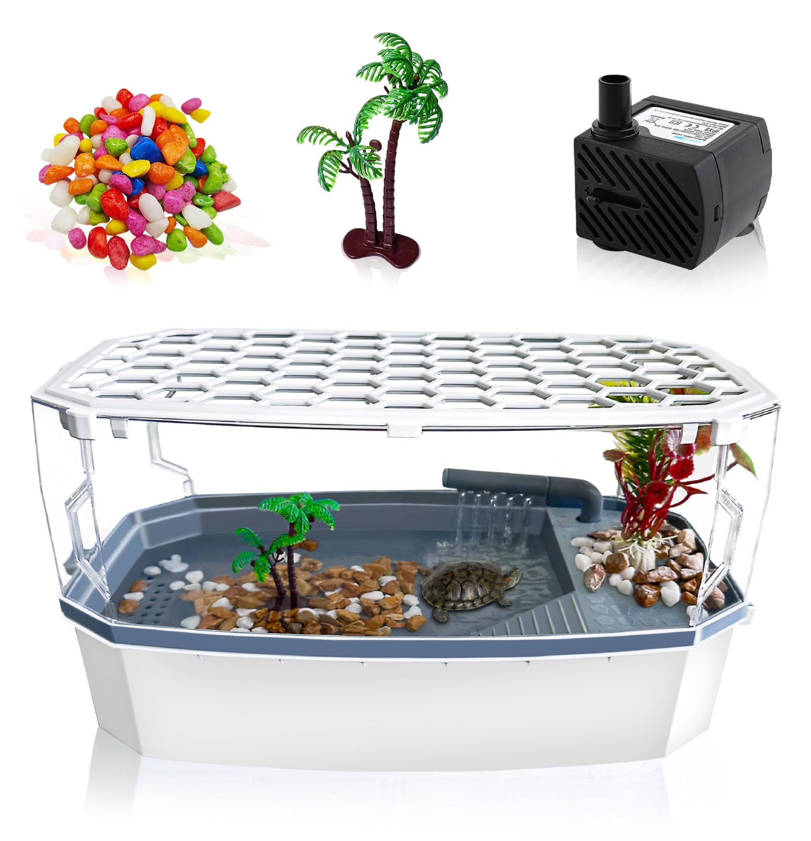 Photo 1 of VERABE Small Turtle Tank with Lid, Acrylic Turtle Aquarium with Water Pump, Full View Visually Reptile Turtle Habitat, Easy to Clean and Change Water, Multi Functional Area, Small, White
