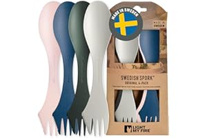 Light My Fire Spork Original 4-Pack 3-in-1 Camping Spoon Fork Knife Combo Reusable Travel & Camping Utensils Lunch Spork Outdoor Backpacking Hiking Picnic Utensil BPA Free, Meadow