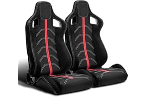 ModifyStreet 1 Pair Universal Black PVC Leather/RED Strip/White Stitching Reclinable Racing Seats