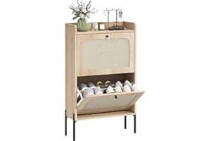 HOMCOM Shoe Cabinet with 2 Flip Drawers, Narrow Shoe Storage Cabinet with Adjustable Shelves, Raised Tabletop, Rattan Accent,