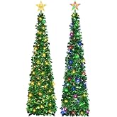 2PCS 5FT Pop Up Christmas Trees with Lighted Top Star for Decorations,Green | Collapsible Tinsel Pencil Trees with 2-Color Lighted Tree Topper Easy Assembly for Apartment Porch Corner Party XMAS Decor