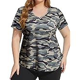 FOREYOND Plus Size Workout Tops for Women Short Sleeves V Neck Yoga Shirts Loose Fit Athletic Gym Running Clothes Summer
