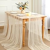 Hahafelt Set of 6 Pearl Table Runner 10 ft Boho Tulle Table Runner with Pearls Tulle Fabric Lace Tablecloth for Baby Shower Wedding Arch Decor Veil Dessert Decor(Champagne Gold)