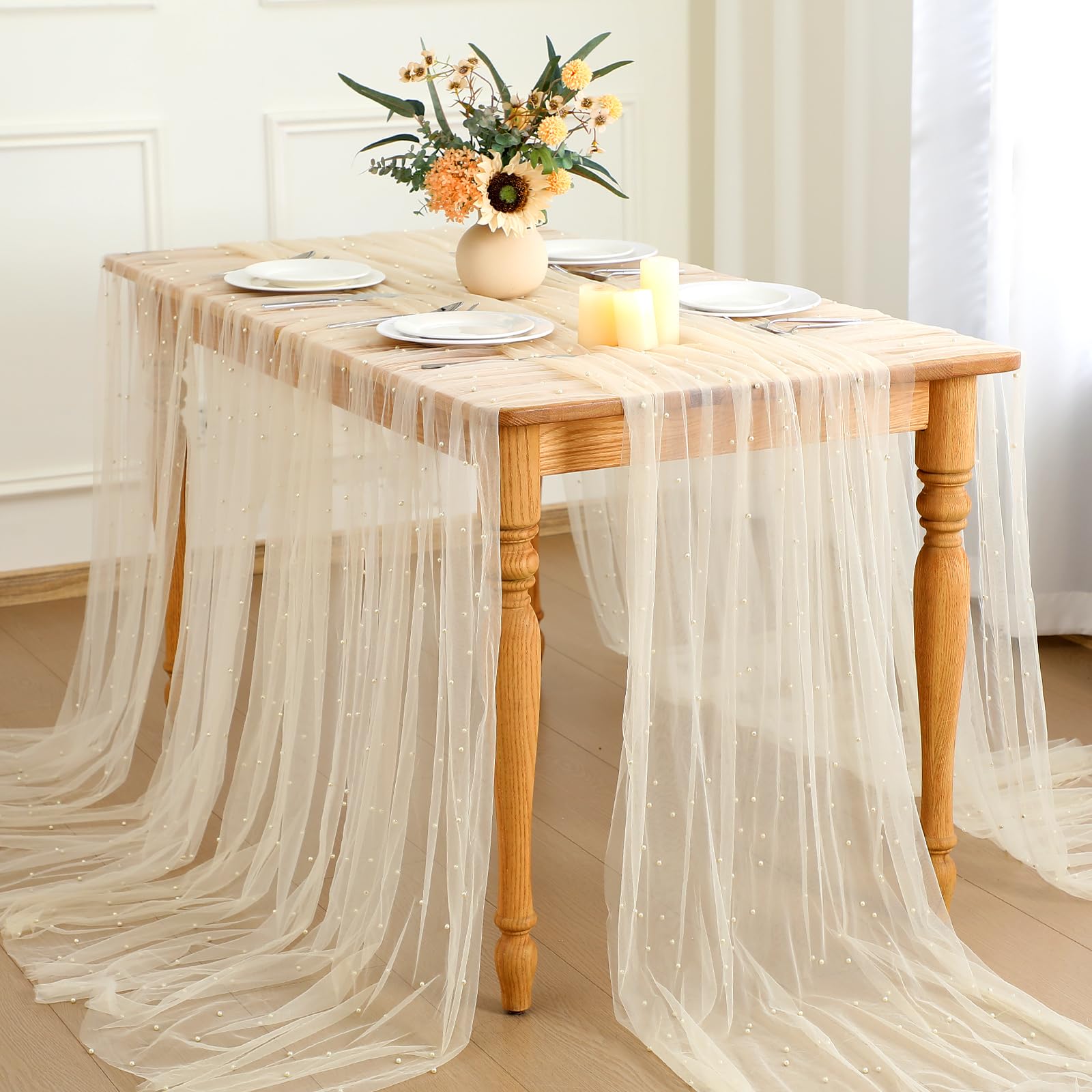 Photo 1 of Hahafelt Set of 6 Pearl Table Runner 10 ft Boho Tulle Table Runner with Pearls Tulle Fabric Lace Tablecloth for Baby Shower Wedding Arch Decor Veil Dessert Decor(Champagne Gold)
