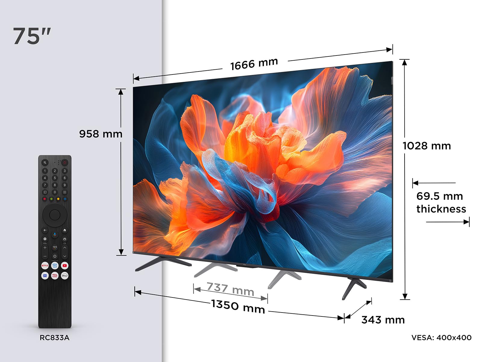 TCL 75T8C 75 Zoll QLED 4K HDR UHD Fernseher, Smart Google TV Dolby Vision Atmos,144Hz Motion Clarity Pro, Game Bar, ALLM, FreeSync, Onkyo 2.1 Sound,Sprachsteuerung, Kompatibel mit Google Assistant 2