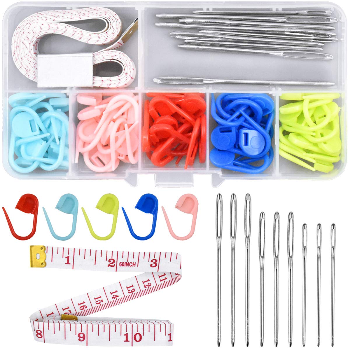 Knitting Accessories Kit, 9 Pieces 3 Sizes Big Eyes Blunt Sewing Needles with 60 Pieces Locking Stitch Markers and Cloth Tape Measure and Storage Box for Knitting, Weaving,