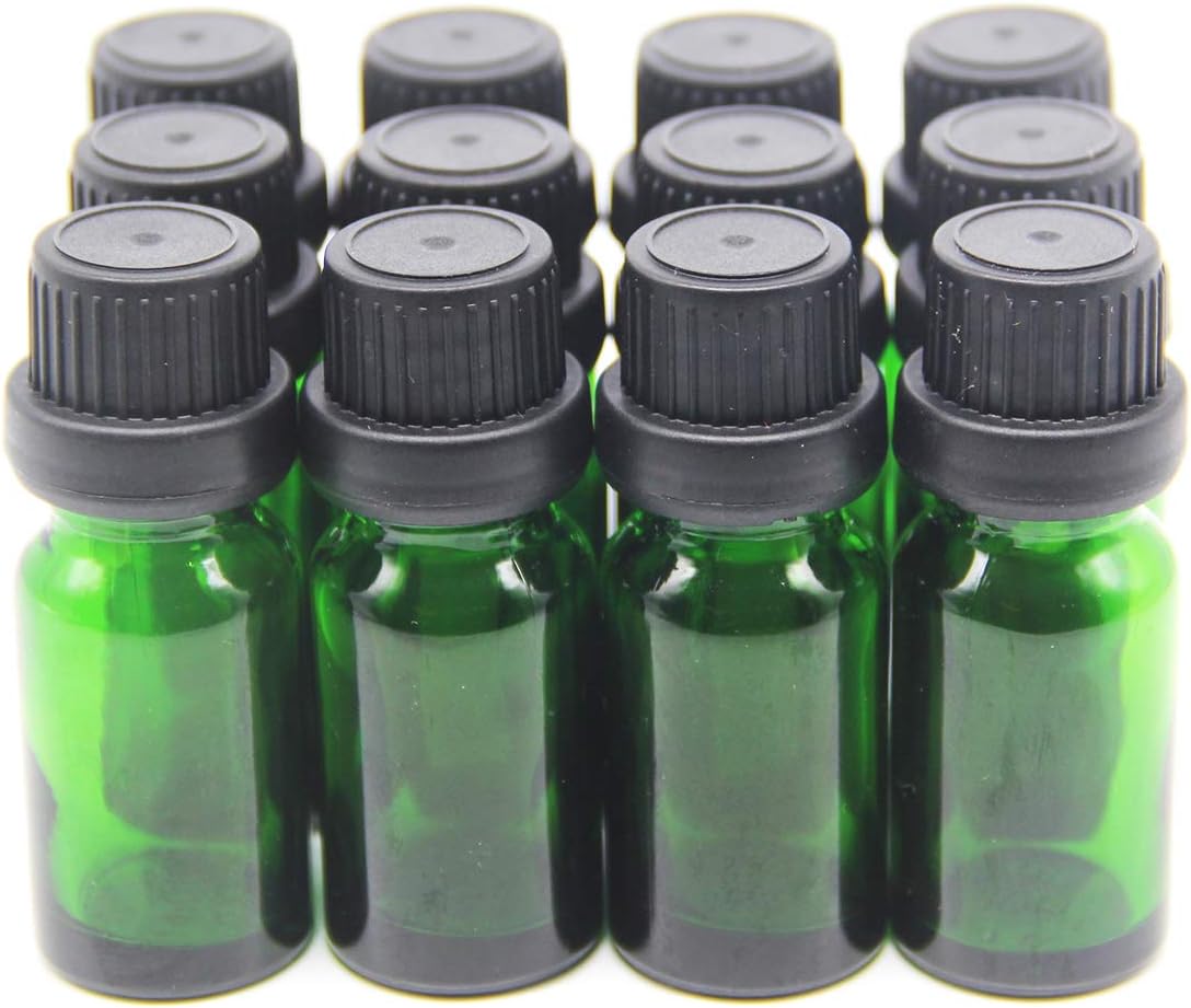 YIZHAO Essential Oil 10ml Green Sample Glass Bottle, Samll Sample Glass Vials Empty for Essential oil Diffuser,Massage,Beauty Oil Mix,Lab bottle with [Orifice Reducers]– 12 Pcs